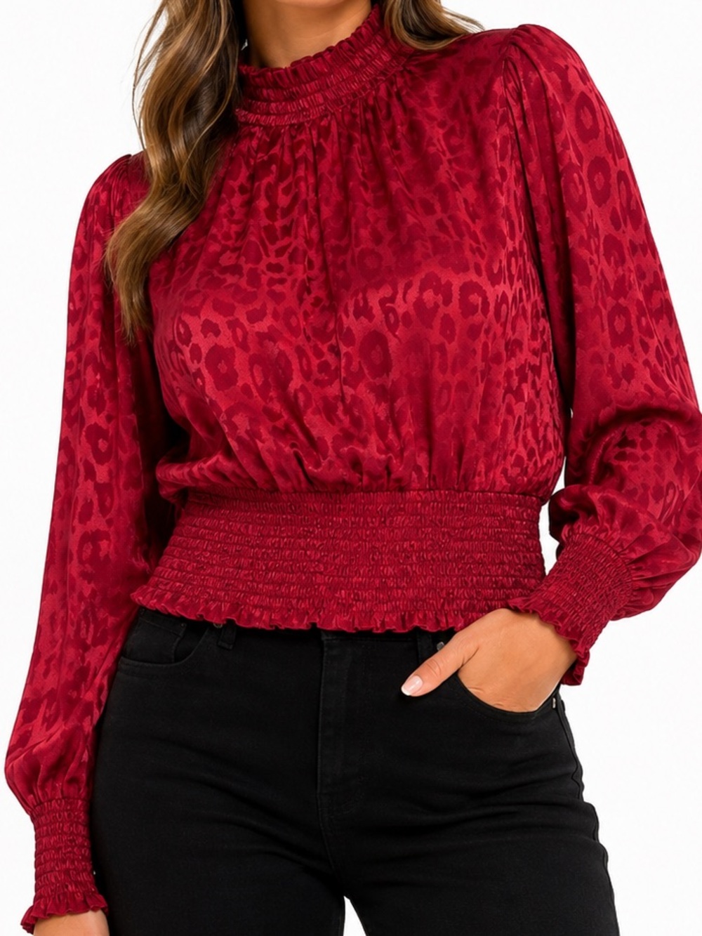Ina Red Smocked Waist & Neck Leopard Jacquard Blouse